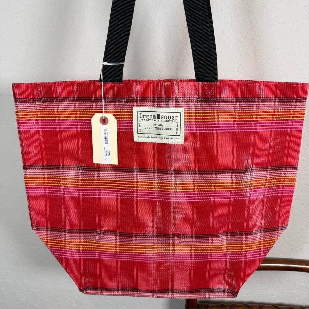 Dream Weaver Red Plaid Mesh Tote Bag Hand Sewn Bolivia Large Carryall NWT